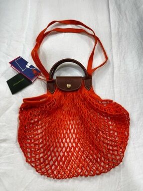 Longchamp Orange Net Market Tote with Brown Leather Trim Made in France